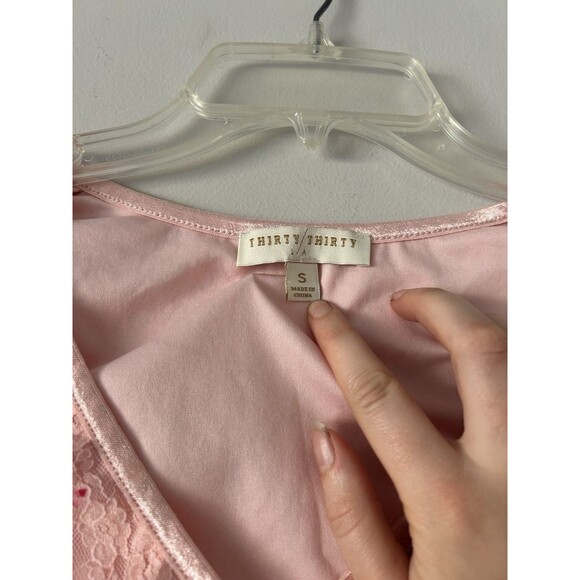 Thirty Thirty Pink Floral Rose Lace Top Mesh Sleeve Bow Detail Coquette Size S - Picture 6 of 11